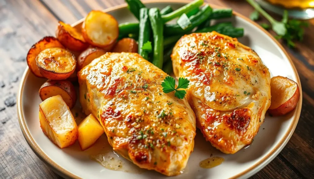 Garlic Parmesan chicken breasts served with roasted potatoes and green beans on a plate.